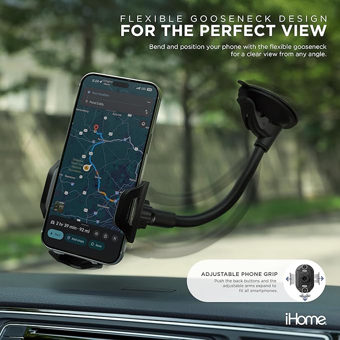 iHome Car Mount, Dashboard/Windshield/Vent Mount, Swivel Neck, Silicone Grip, Adjustable Mount Arm with Suction Cup Base (Gooseneck Car Mount)