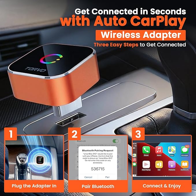 TORVO Mini Wireless CarPlay Adapter for Car Wireless Android Auto, Plug & Play USB-A/USB-C, 5GHz WiFi, OTA Update, CarPlay Adapter for iPhone, Wireless Car Play Dongle Compatible with 99% Cars