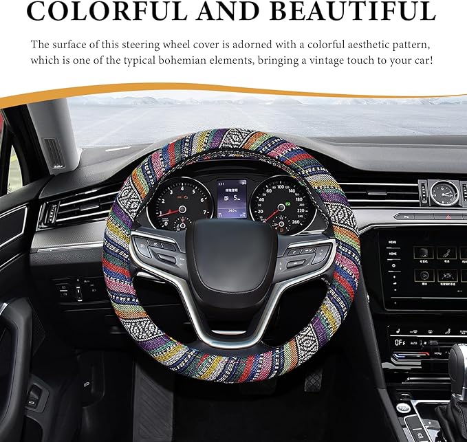 Boho Steering Wheel Cover, 15 Inch Coarse Flax Cloth Ethnic Style Anti-Slip Car Wheel Wrap, Universal Breathable Bohemian Steering Wheel Protector for Cars Vans Trucks (B)