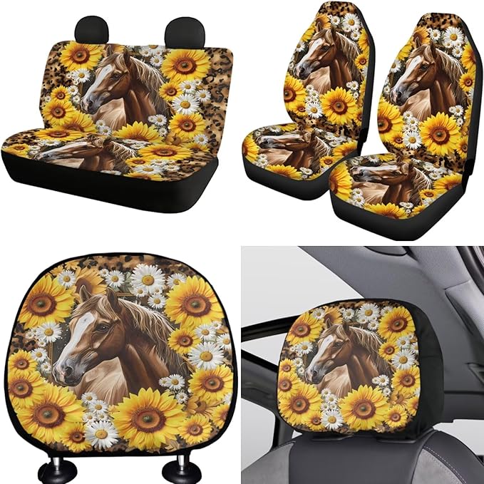 FKELYI Horse Car Seat Covers - Sunflower Leopard and Steering Wheel with Gear Shifter, Cup Coasters