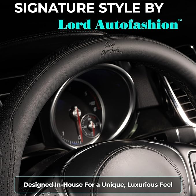 Lord Autofashion Steering Wheel Cover – PU Leather, Non-Slip Rubber Inner, All-Season Comfort – 14.5–15 Inch (Black 9366)