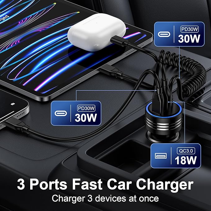 USB C 78W Car Charger for Google Pixel 10 Pro/10 Pro XL/10 Pro Fold/10/9A/9/9 Pro XL Fold/8/8 Pro/8A/7/7 Pro/7A/6 Pro,PD&QC 3.0 Fast Car Phone Cigarette Lighter USB Charger&4FT C Coiled Cable