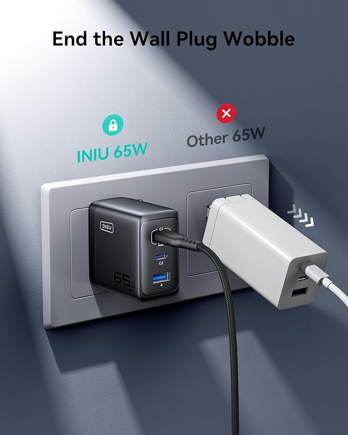 INIU 65W USB C Charger Block, 3-Port GaN Fast Charging Adapter with 100W Cable & Advanced Protection, Foldable Travel Charger for iPhone 17 16 15 Pro Max, iPad, Samsung S26 S25 Ultra, Pixel 10 9 etc