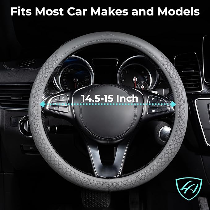 Lord Autofashion Steering Wheel Cover – PU Leather, Non-Slip Rubber Inner, All-Season Comfort – 14.5–15 Inch (Grey 9283)