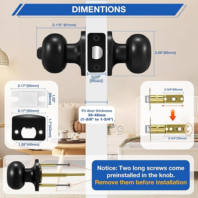 Plustool 6 Pack Matte Black Door Knobs, Privacy Door Knob with Lock, Interior Doorknobs with Round Ball, Keyless Door Lockset for Bedrooms Bathrooms