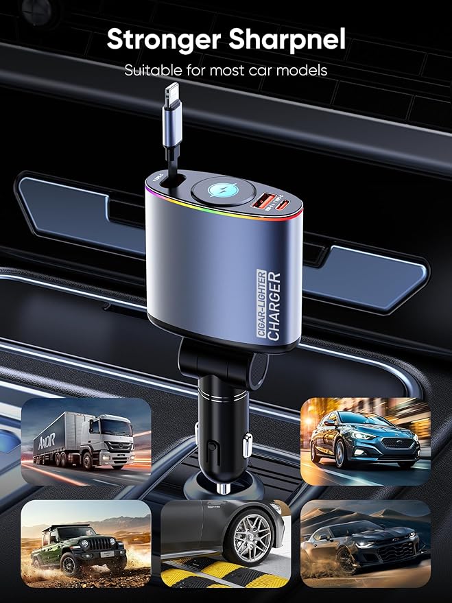 Retractable Car Charger,Topume 60W Fast Charging USB C Car Charger,Retractable Cable 2.9FT[for iPhone Cable] and Colorful Ambient Lighting car Adapter for iPhone 16/15/15 Pro Max/14/13/12/11,Galaxy