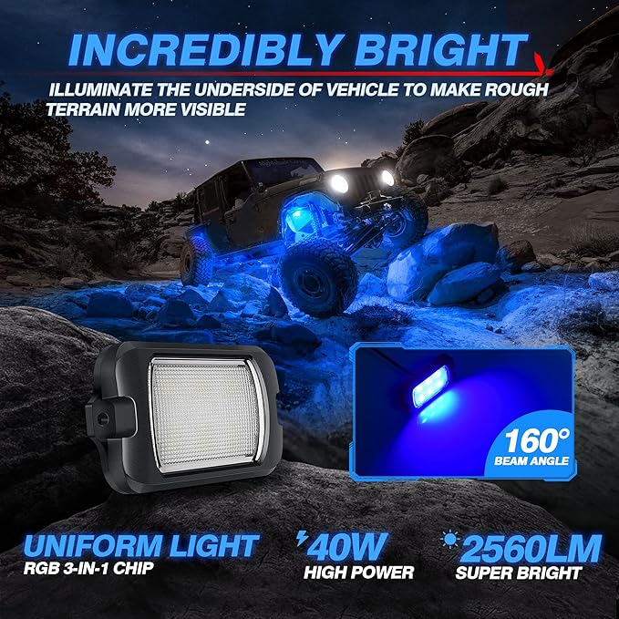 MICTUNING 2026 Upgraded X2 RGB Rock Lights Kit, APP & Remote Dual Control, 8 Pods Neon Light Lighting Kit, IP68 Waterproof, Music Sync, Strobe Effects for Trucks, Boat, RV, ATVs, UTVs