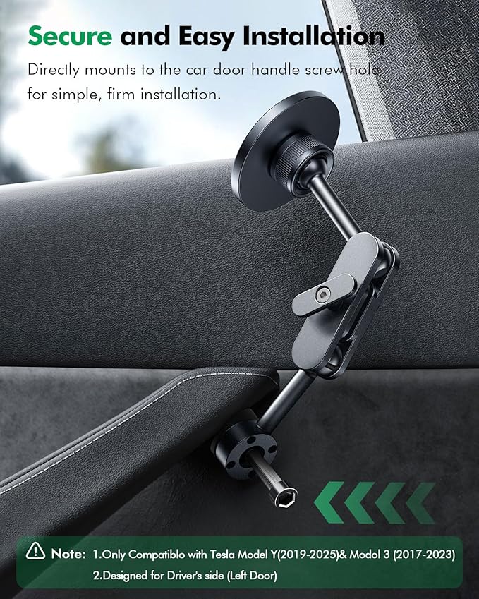 for Tesla Phone Mount,for Mag-Safe Door-Install Phone Holder, Compatible with Model Y (2025-2019) & Model 3 (2023-2017), Magnetic Car Phone Mount for iPhone 17/16/15/14/13/12, Tesla Accessories