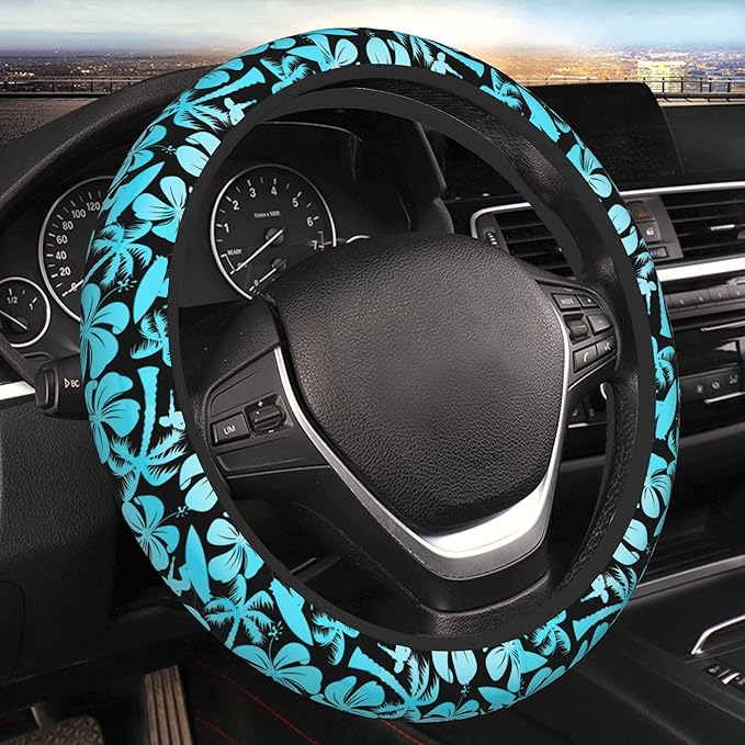 Palm Car Steering Wheel Cover for Women Surfer with Tree Men Stretch Cloth Anti-Slip Wrap Protector Case Fit Universal Auto Accessories Decor Sweat Absorption 14-15 Inch
