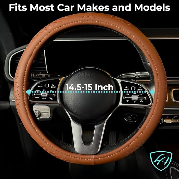 Lord Autofashion Steering Wheel Cover – PU Leather, Non-Slip Rubber Inner, All-Season Comfort – 14.5–15 Inch (Tan 9356)