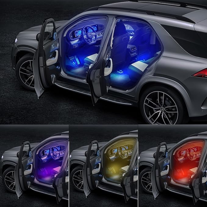 4-in-1 RGB Car Interior Lights with APP Control, Music Sync Mode, 12V LED Strip Light Kit for Car, Truck, SUV – Smart Ambient Lighting with Color Changing & Sound Activated, Car Charger Included