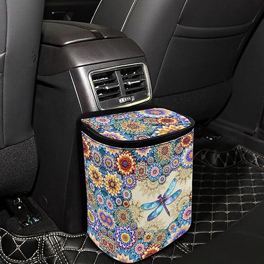 BIGCARJOB Lotus Dragonfly Car Trash Can Multipurpose Car Garbage Bin with Adjustable Straps,Women Trash Bags Can Organizer Storage for Front Back Seat Accessories