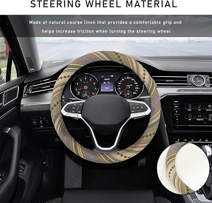 Boho Steering Wheel Cover, 15.0"×15.0" Anti-Slip Baja Blanket Ethnic Steering Wheel Protector, Breathable Flax Cloth Elastic Bohemian Steering Wheel Cover, Car Accessories (Style G)