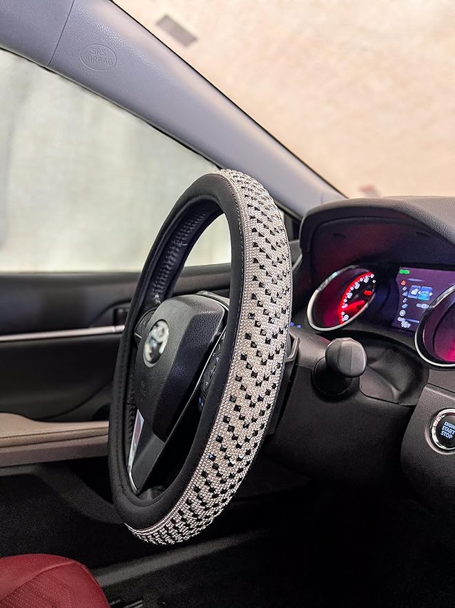 LordLord AutoFashion 15 Inch Luxury Universal Steering Wheel Cover Rhinestone Crystals Anti-Slip Microfiber Leather for Women Girls Men Boys Car Accessory Bling Diamonds Black (JX06)