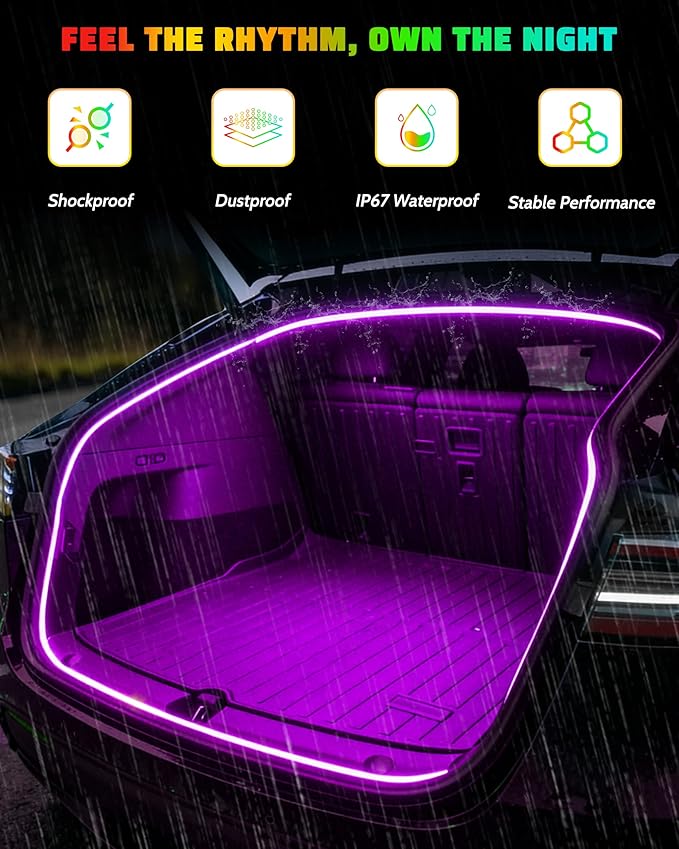 RGB LED Trunk Light Strips for Tesla Model Y & Juniper 2021-2026, APP Control Ambient Neon Trunk Lights with Magnetie Sensor, Auto On/Off, Music Sync, Waterproof Silicone, Plug & Play