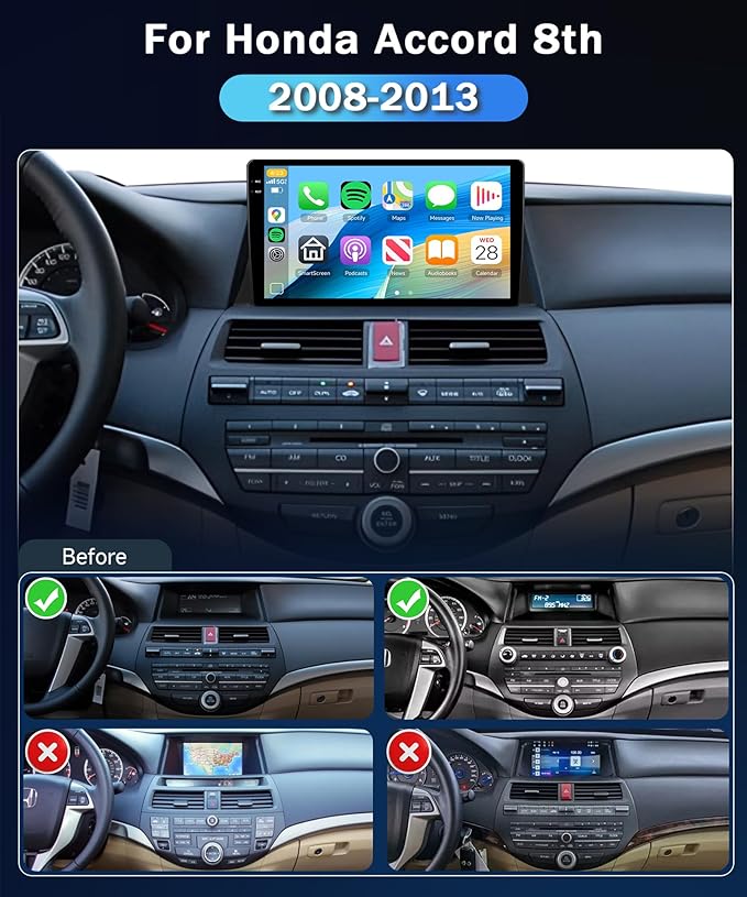 [4G+128G] Car Stereo for Honda Accord 8th 2008-2013 with 5GWiFi/Android 15/Wireless Carplay Android Auto,10.1" Incell Touch Screen Radio,GPS/EQ DSP/Bluetooth5.0/SWC/AHD Backup Camera