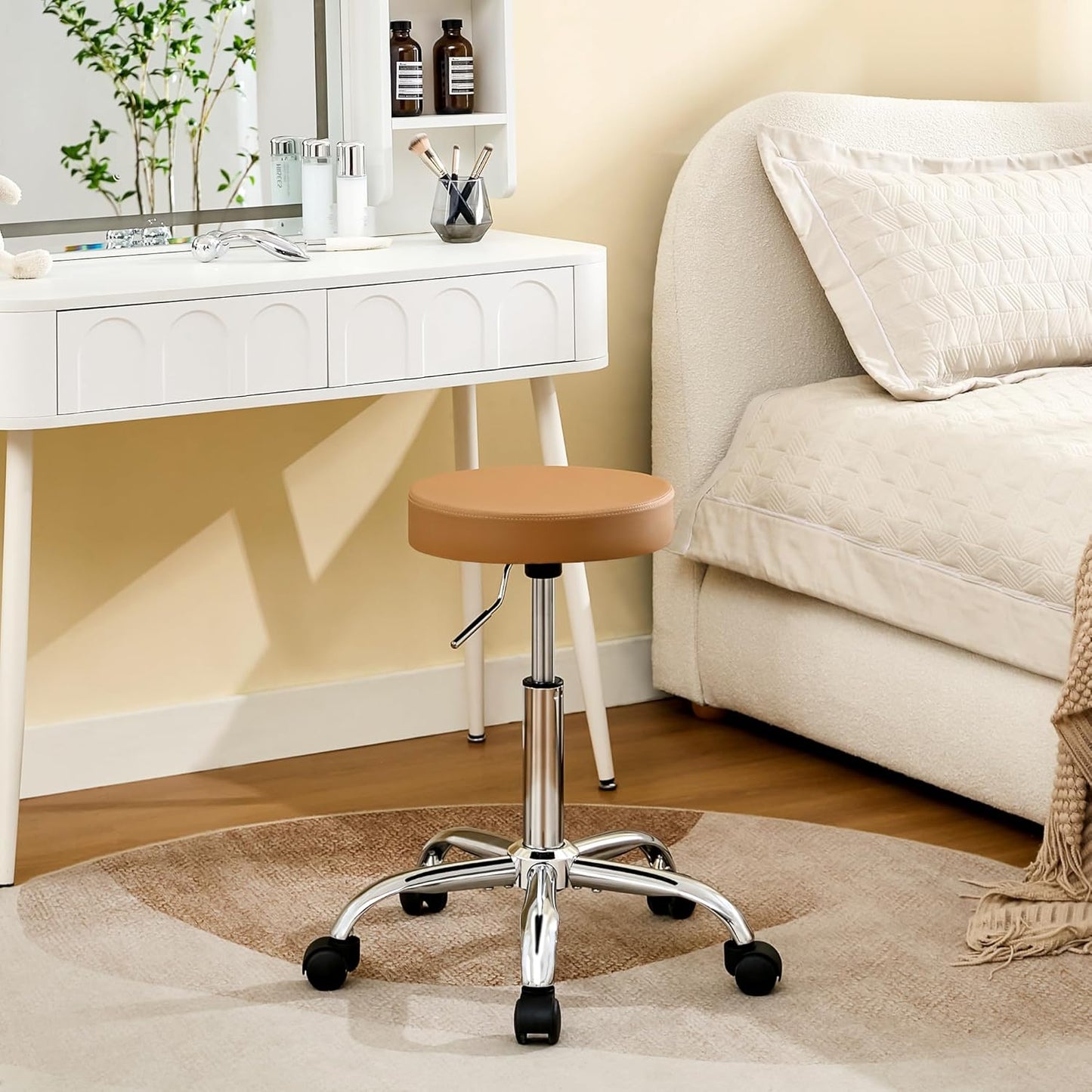 Rolling Massage Chair, Adjustable Hair Cutting Stool 19.5’’-26.6’’, Camel Brown Vanity Stool with Wheels (Camel Brown)