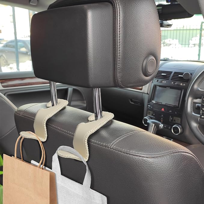 2Pcs Car Seat Headrest Hooks, Back Seat Purse Leather Hanger Holder Hook, Magnetic Storage Organizer for Purses Handbag Grocery Bags Coats