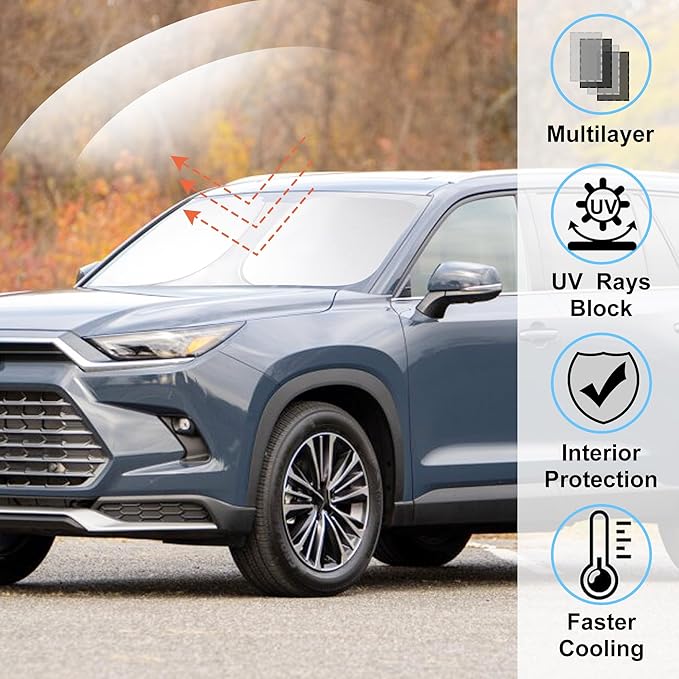 Windshield Sun Shade Custom Fit for 2024 2025 2026 Toyota Grand Highlander Accessories Foldable Sunshade Sun Blocker Protect Car from Sun Rays & Heat Damage Keep Car Cooler