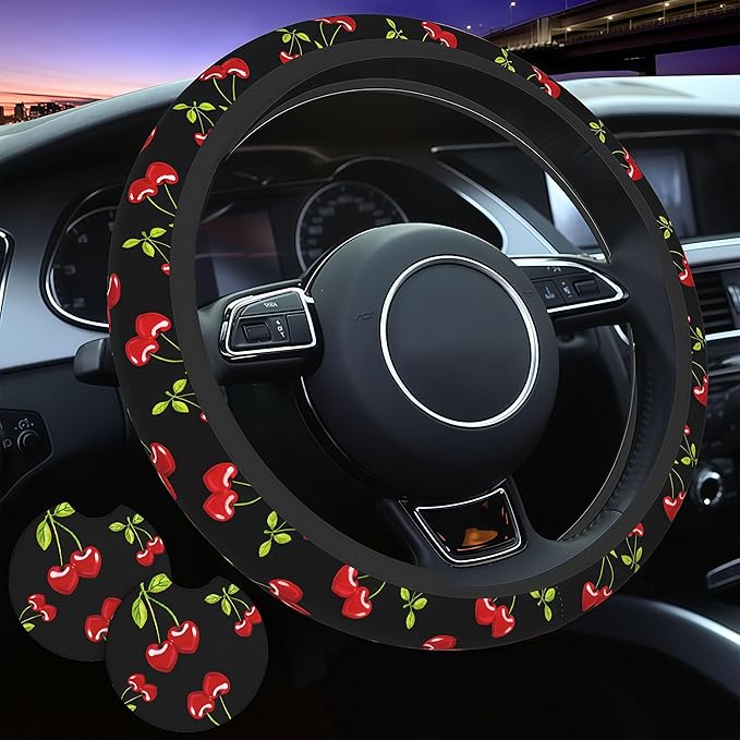 Cherry Hearts Red Steering Wheel Cover - Cherry Hearts Red Steering Wheel Cover Car Women Breathable Universal for 14-15 Inch Anti-Slip 2 Pieces Car Coasters for Men Women