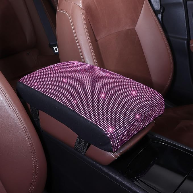 Pink Bling Car Armrest Cover with Memory Foam Cushion Pad & Rhinestones, Universal Diamond Center Console Cover for Cars, Bling Middle Console Cover, Bling Car Accessories for Women, Pink