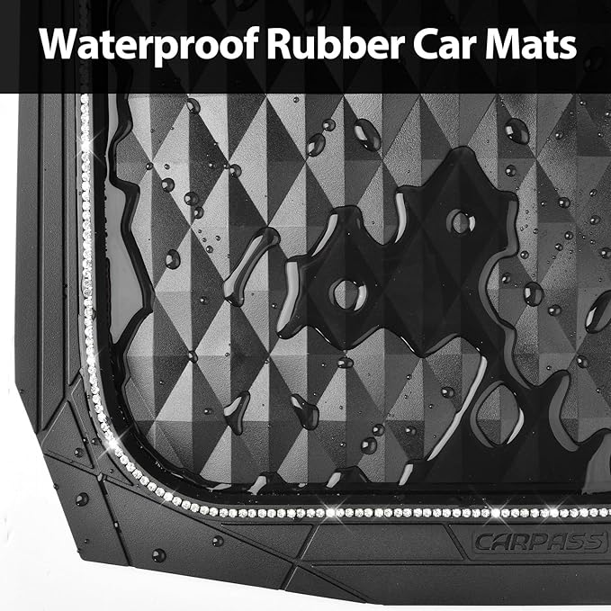 CAR PASS Bling Diamond Rubber Car Mats, Heavy Duty Deep Dish All-Weather Floor Mat Full Set Anti-Slip 3D Rhombus Waterproof Trim Fit Liner Universal Glitter Sparkly Shining Rhinestone, White Diamond