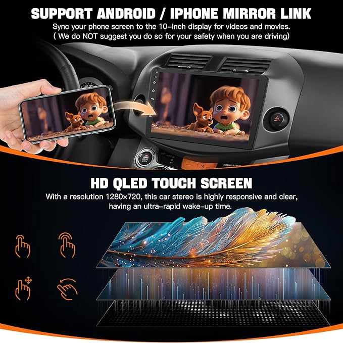 Car Radio Stereo for Toyota RAV4 2007-2012 Without JBL Sound System, Support Wireless Carplay/Android Auto/Mirrorlink, 10 Inch QLED Touchscreen with Bluetooth,FM Radio