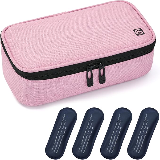 ALLCAMP Insulin Cooler Travel Case Diabetic Medication Cooler with 4 Ice Pack - Medical Cooler Bag Portable and Reusable(Pink)