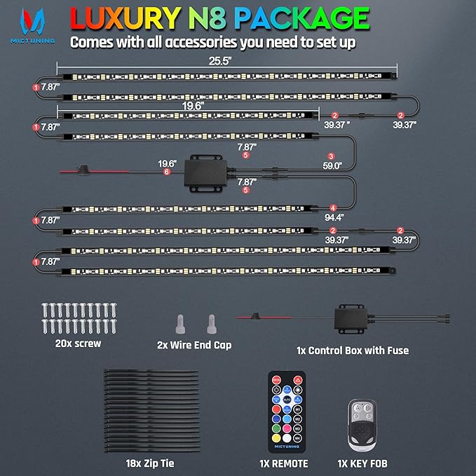 MICTUNING N8 RGB+IC Underglow LED Lighting Kit for Truck with Remote & Key Fob Dual Control, Exterior Neon Accent Underbody Strip, Multicolor Mode, Waterproof, Aluminum Casing