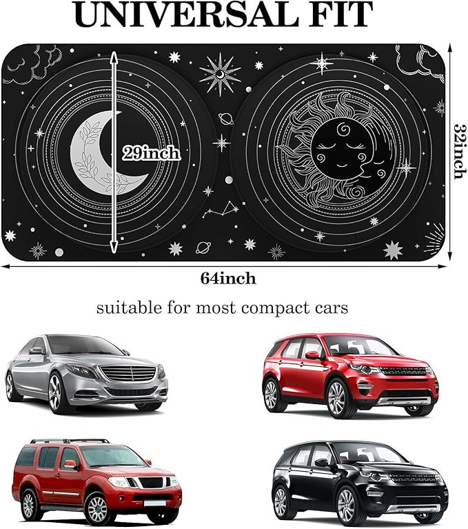Windshield Sun Shade Foldable Car Front Window Covers for Car Accessories Sun Heat UV Rays Visor Protector Protection for Universal Cars SUV Truck (Sun Moon)