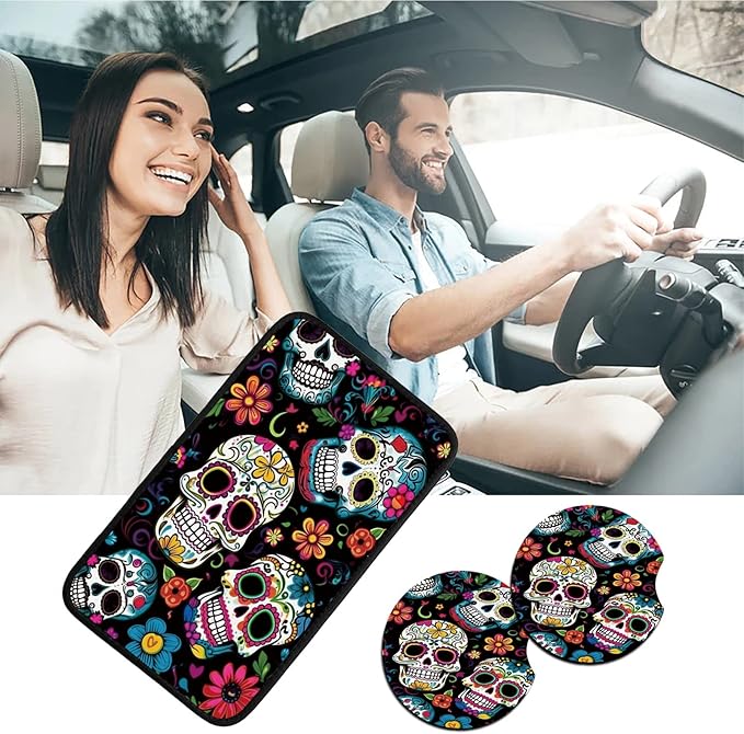 Car Armrest Cover Pads Universal Fashion Cute Auto Center Console Armrest Cover Pad with 2PCS Car Coasters Soft Waterproof Car Armrest Seat Protector for Women Girls, Colorful Skulls
