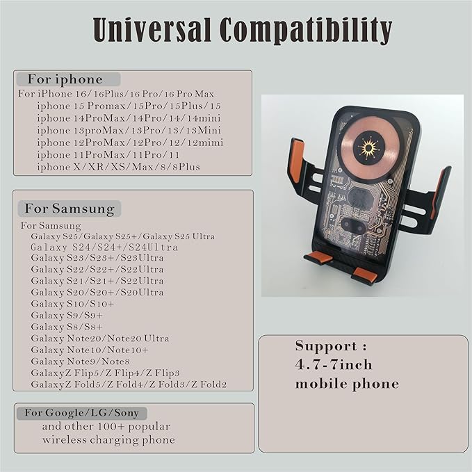 Wireless Car Charger Mount, 15W Fast Charging Auto Clamping Car Charger Holder for iPhone/Samsung for iPhone 17 16 15 14 13 12 11 Pro,Samsung Galaxy S26 Ultra S25 S24 Ultra S23 S22 S21 S20