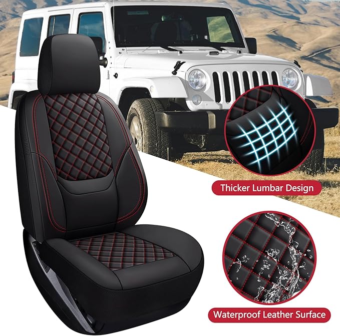 Wrangler Seat Covers 2007-2026 Front Pair, Waterproof Interior Sets with Lumbar Support Custom Fit for Jeep Wrangler JK JL 2/4 Door Unlimited Sahara/Sport/Rubicon X 392 Willys, Black Red