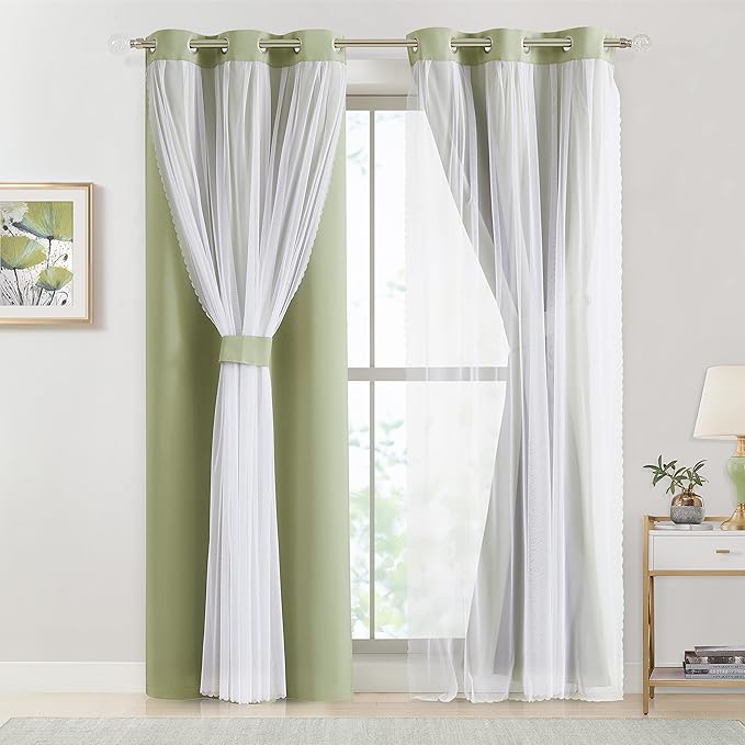 Bujasso Sage Green 90% Blackout Curtains with Sheer Overlay Mix and Match Double Layer Thermal Insulated Window Panels 72 inch Living Room Bedroom Green Drapes with Tiebacks Grommet Top 37" Wx72 Lx2