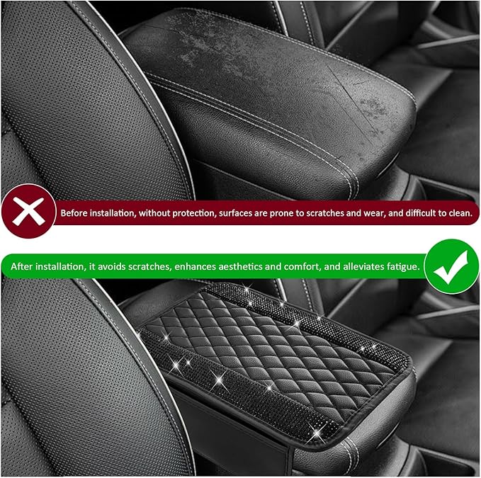 Sun Walker Bling Car Center Console Cover, Anti-Scratch Car Armrest Seat Box Cushion Pad with 2 Storage Bags, Leather Middle Console Protector Crystal Interior Accessories for Most Cars (Black)