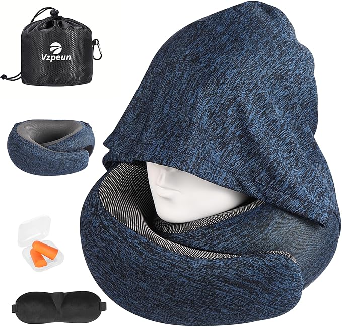 Travel Pillow - Hooded Neck Pillow Airplane Memory Foam Filling for Plane, Office, Cars Sleeping, Road Trip, Long Flights, Airplane Travel Essentials, Includes Eye Mask & Earplugs (Full Blue)