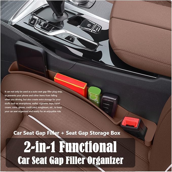 Seat Gap Storage Box for Your Car,Trucks, Auto Seat Gap Filler Organizer 2 Pack, Fill the Gap Space Between the Console and Side Seats, Universal Car Accessories Gap Storage Organizer, Brown
