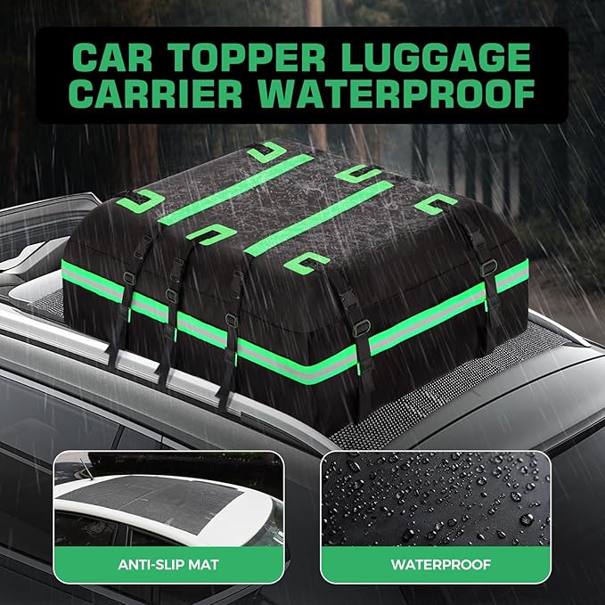 Car Rooftop Cargo Carrier Bag, Waterproof 20 Cubic Feet Car Roof Bag for All Vehicle with/Without Racks -Anti-Slip Mat, 8 Reinforced Straps, 6 Door Hooks,2 Extra Straps, Luggage Locks (Green)
