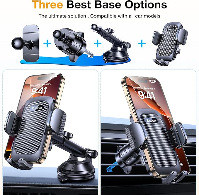Romuto Phone Holders for Your Car Phone Holder Mount【Super Suction】Cell Phone Mount for Car Accessories for Women Men Windshield/Vent/Dash Truck Stand Desk Mount Clamp Holder for iPhone Samsung Camera