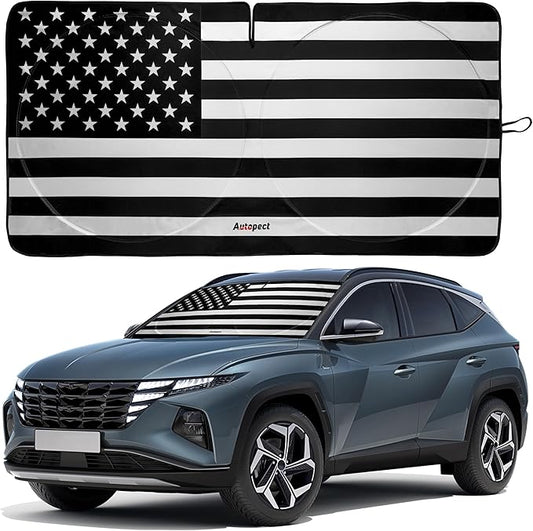 Windshield Sun Shade - American Flag Design, High-Resolution Sun Visor for Car, Truck, SUV with Mirror Cut-Out for Interior Sun Protection, Foldable Car Sun Shade (Black and White, Large)