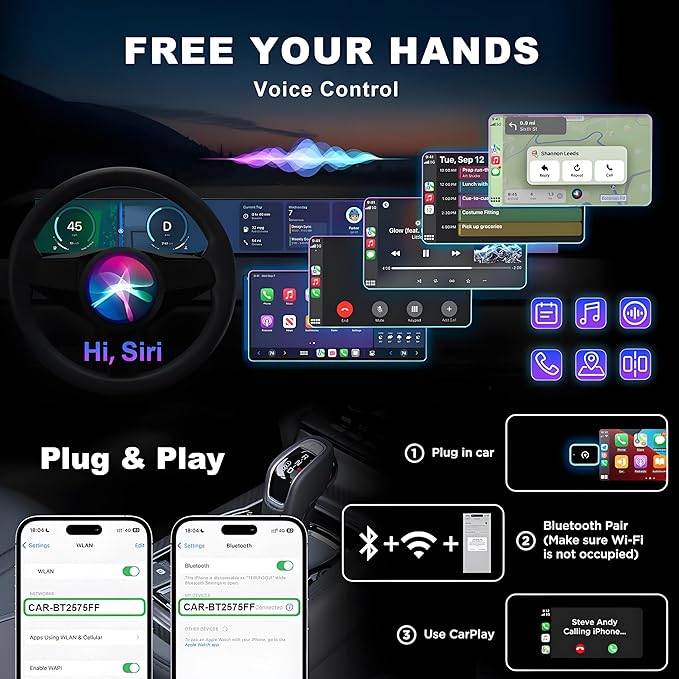 Wireless CarPlay Adapter for iPhone, Convert Wired to Wireless Apple CarPlay Adapter, Plug & Play, No Delay & Stable Control, Mini Size, USB & USB-C/Type-C for Cars 2016+ iOS10+ (Silver)
