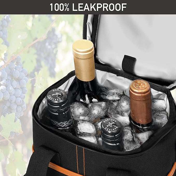 Opux 4 Bottle Insulated Wine Cooler Bag - Leakproof Padded Portable Wine Bottle Carrier for Travel Picnic BYOB Gift (Brown)