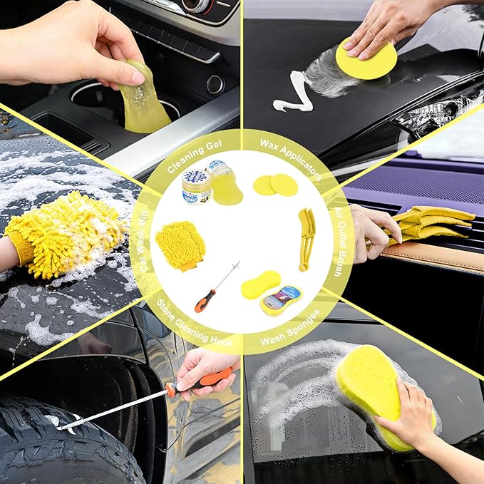 Nilight 37PCS Car Detailing Kit Auto Cleaning Tools Wash Set with Storage Carry Bag Home Use for Interior Exterior Deep Clean Car Care Windshield Dashboard Seat Air Vents Wheels Tires, Yellow