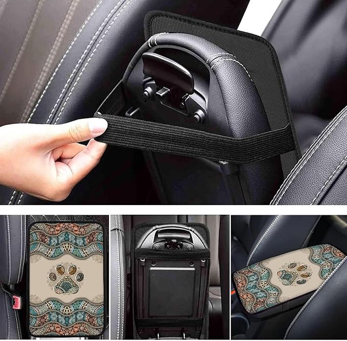 Suobstales Boho Paw Print Car Center Console Armrest Cover Seat Box Mat Auto Decorations Fit Most Vehicle SUV Truck Sedan