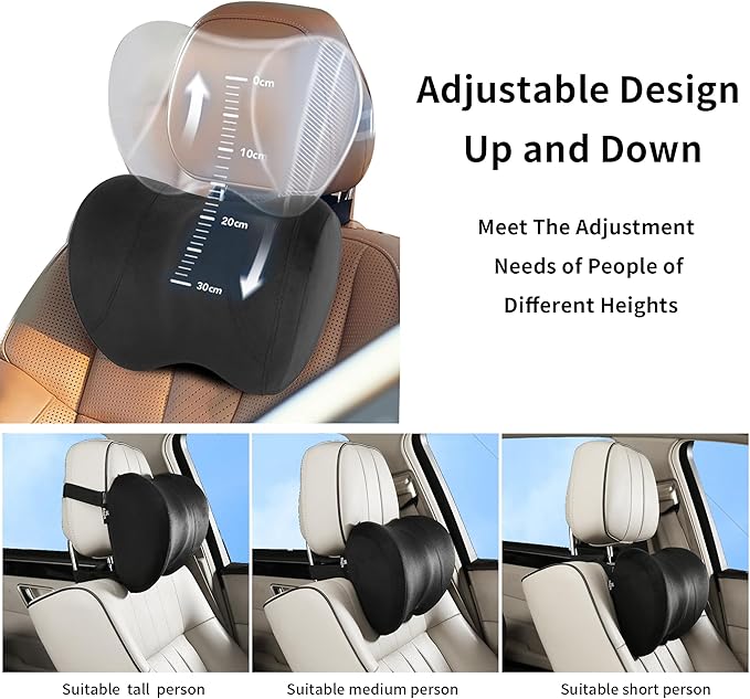 Car Neck Pillow Adjustable Up and Down Style 2 Pack,Car Headrest Pillow for Neck Support Relieves Driving Fatigue, Soft Memory Form and Ergonomic Design Fits Most Heights and Car Seats (Black)