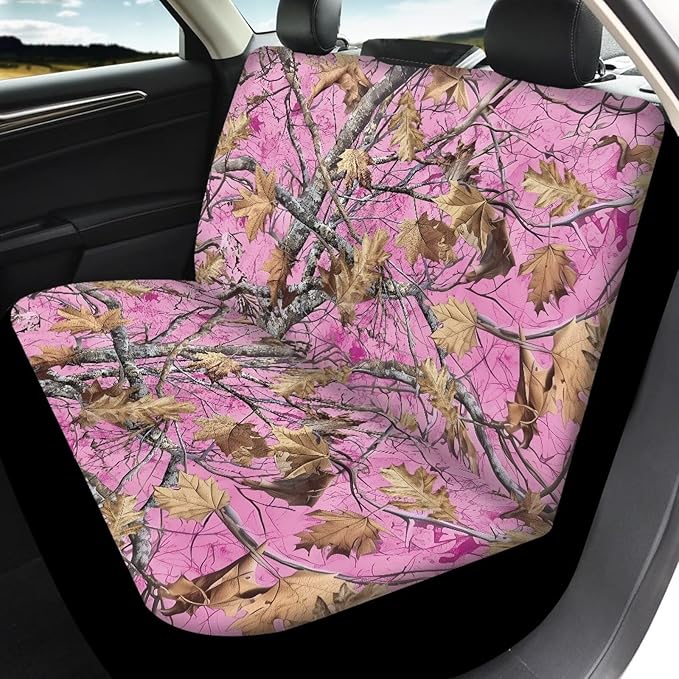 KEIAHUAN Camo Hunting Car Accessories Auto Front and Rear Seat Covers Fit Most Vehicle Truck,SUV, reathable Elastic Front Saddle Blanket Rear Split Bench Protection Cover, Pink