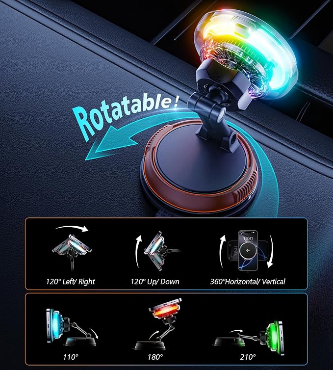 for Qi2 15W MagSafe Car Mount Charger with Cooling Fan, [Rapid Charging Cooler with RGB Lights], 78+LBS Stronger Suction Wireless Magnetic Mount on Vent/Dash/Windshield, for iPhone 17 16 15 14 13 12