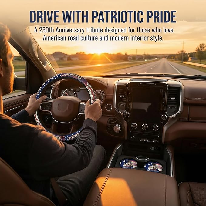 Anniversary American Flag Steering Wheel Cover Anniversary American USA Flag Steering Wheel Cover Car Men Breathable Universal for 14-15 Inch Anti-Slip 2 Pieces Car Coasters