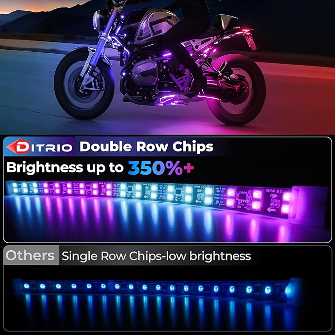 12PCS Double Row Motorcycle Led Lights with Brake Turn Signal,Underglow Light Kits with DITRIO APP/RF Remote Control, Dual Zone,Waterproof,12V Pixelglow RGB Lights for Motorcycles, Golf Carts, UTVs