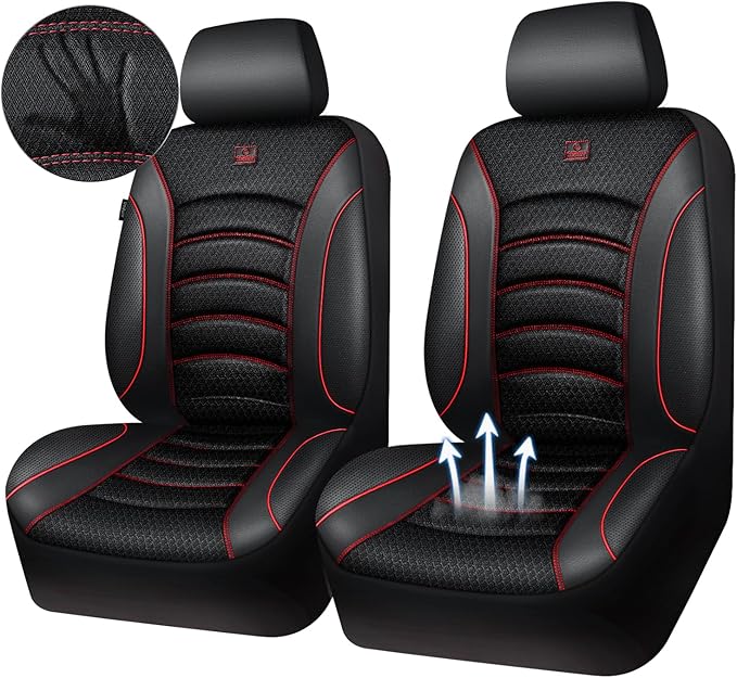 CAR PASS Comfortable 3D Foam Mesh Leather Car Seat Covers Front, Air Cool Mesh Breathable Front Seat Covers for Car, Universal Fit for SUV Truck Sedan Automotive, Airbag Compatible,Black Red